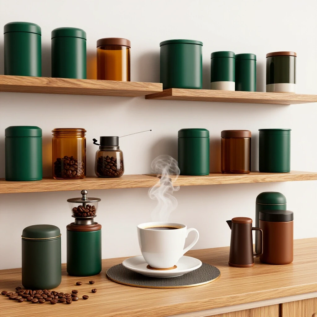 A beautifully arranged coffee station featuring rustic wooden shelves and modern containers, showcasing a steaming cup of coffee and organized tools.