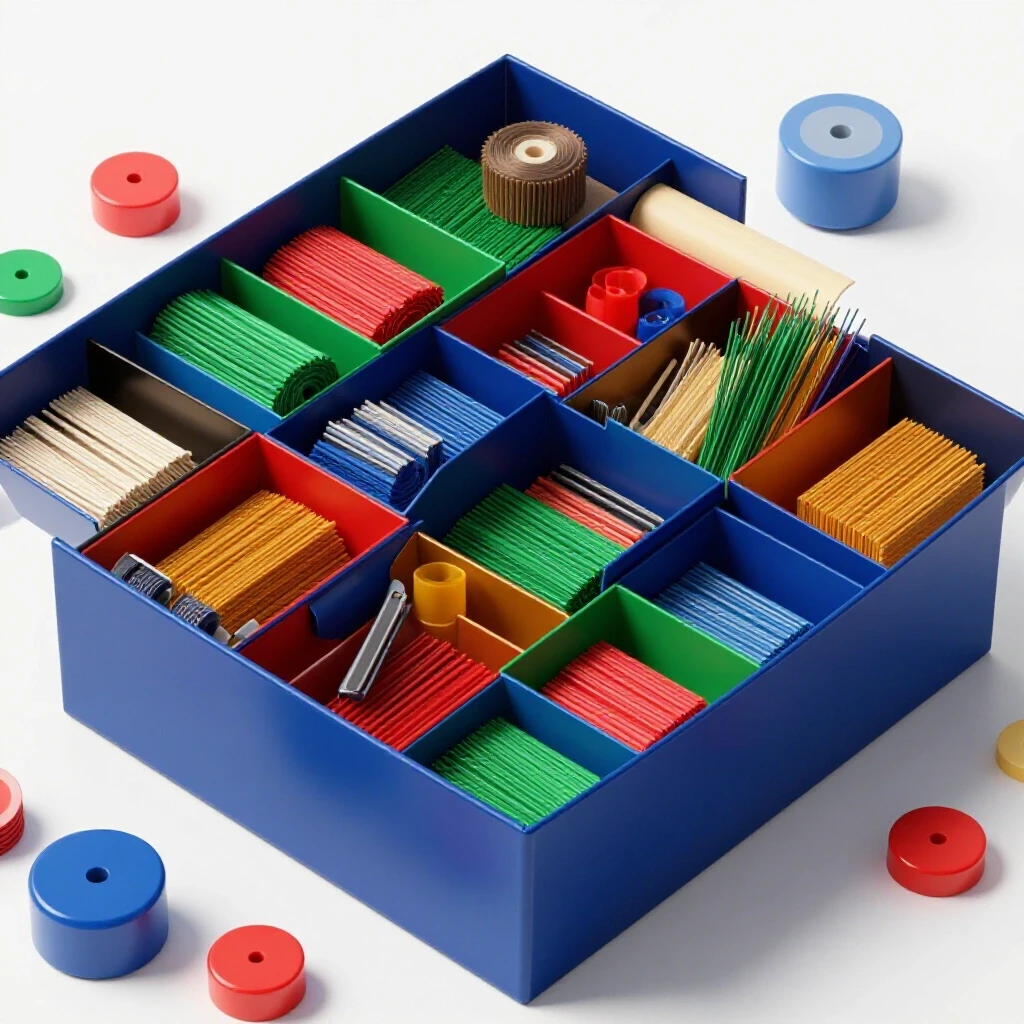 A vibrant, organized craft supply box with colorful materials set in a bright workspace.