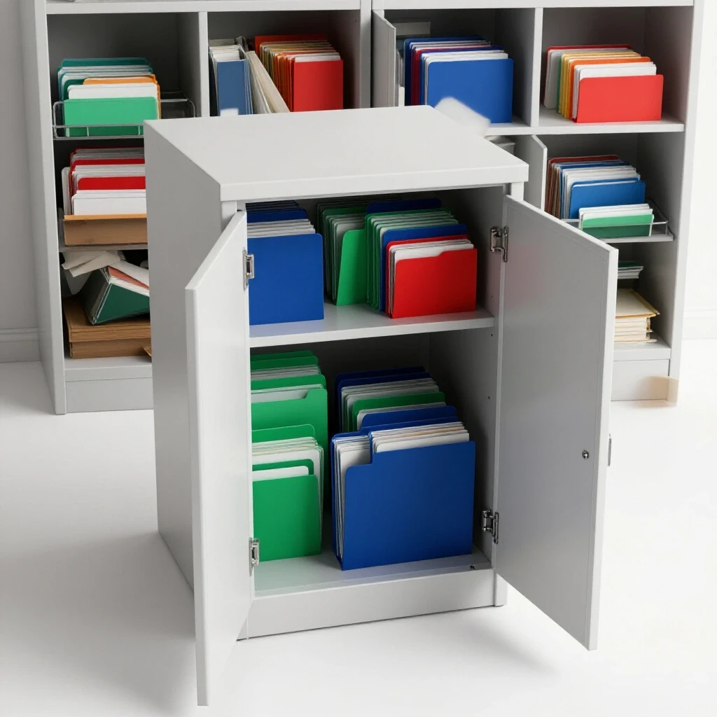 Organized file cabinet with colorful folders against a chaotic background representing effective organization methods.