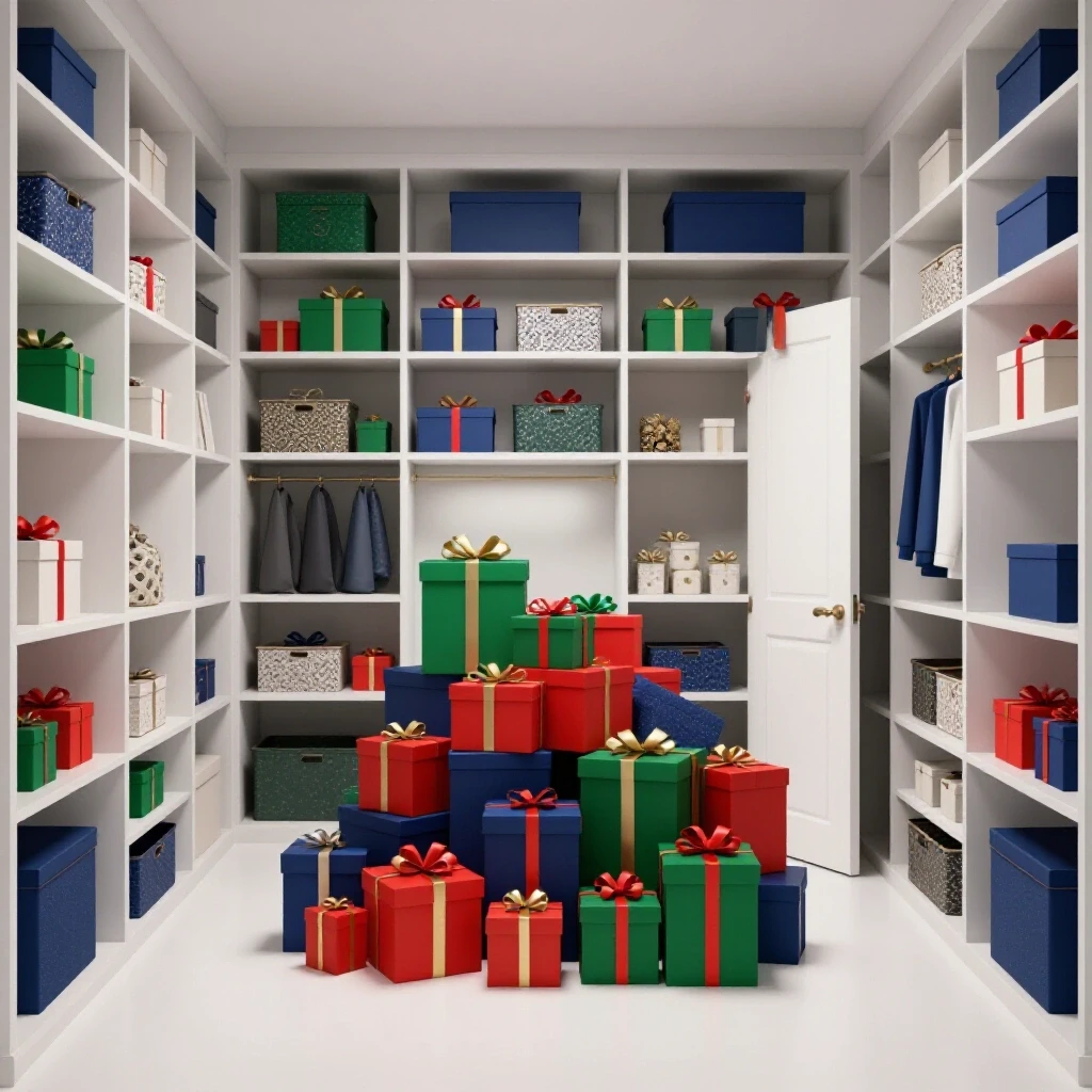 A beautifully organized gift closet filled with colorful gift boxes and decorative storage bins, illuminated in a bright setting.
