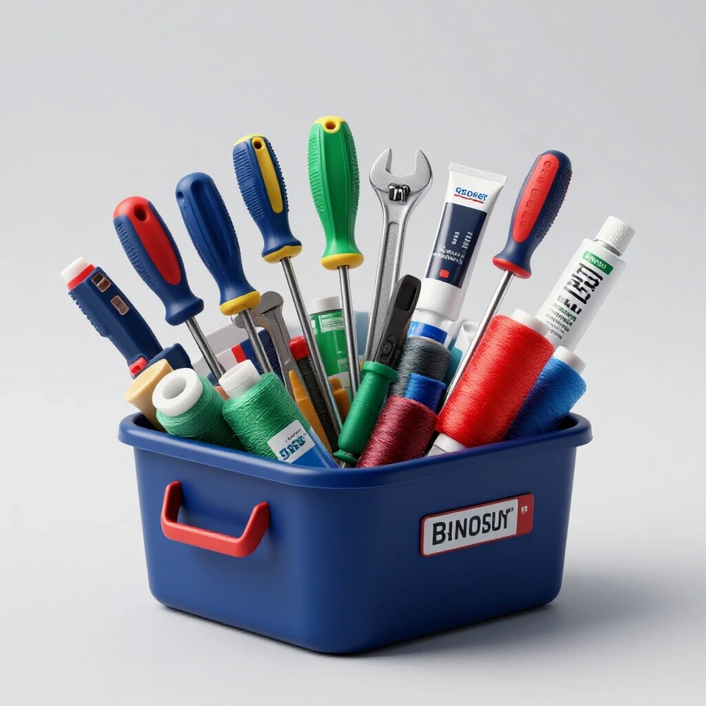A vibrant, organized home repair supply bin with colorful tools spilling out around it against a bright background.