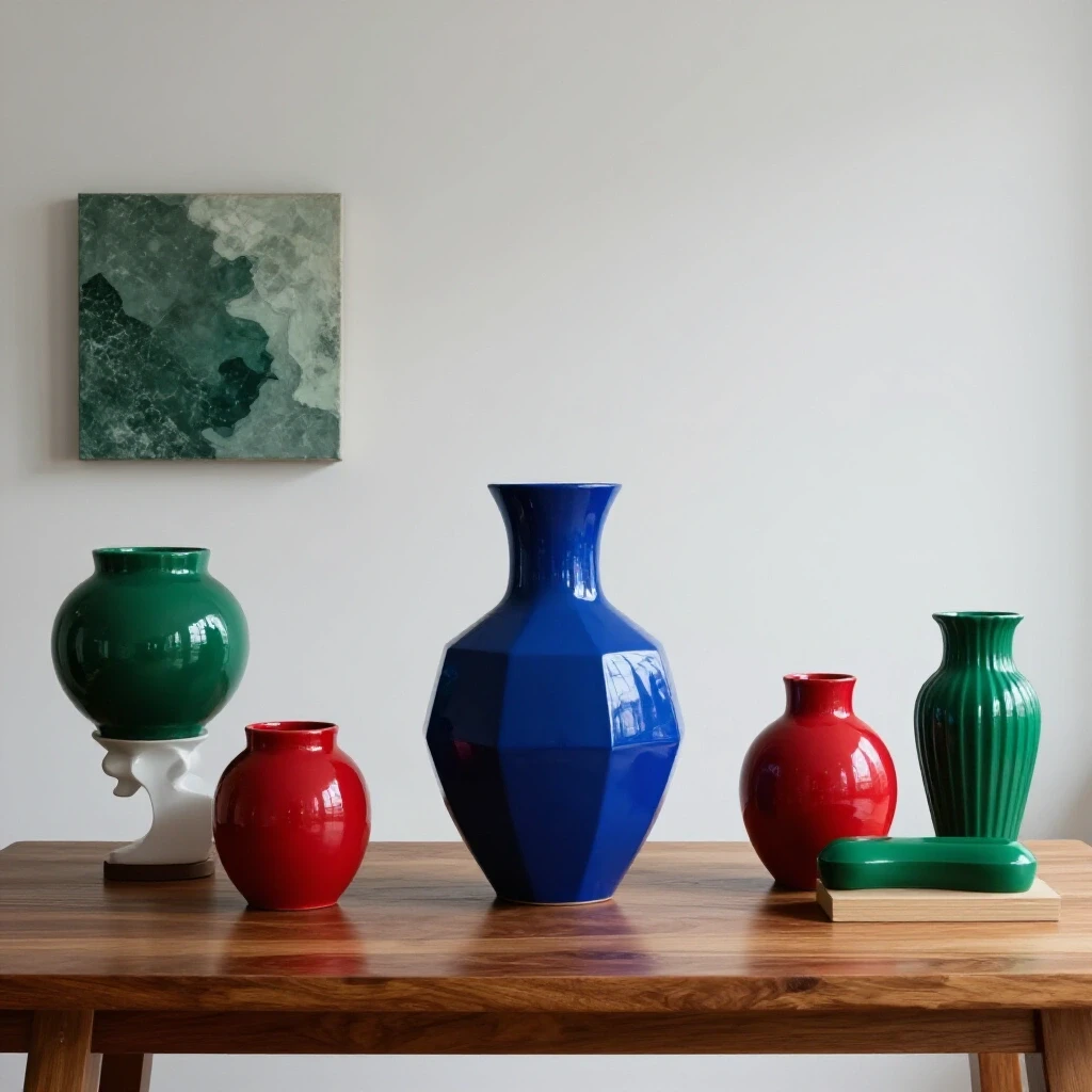 A serene living space showcasing a royal blue vase surrounded by vibrant decor items, embodying organized chaos.