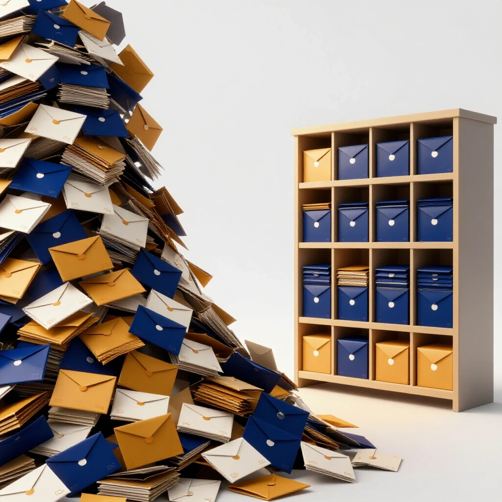 A vibrant, 3D-rendered image showing a contrast between a chaotic mail pile and an organized mail station, illustrating organization tips for home.