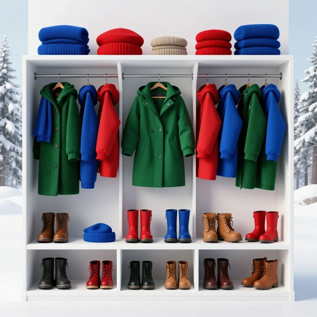 A cozy mudroom organized with colorful winter coats and boots against a snowy outdoor scene.