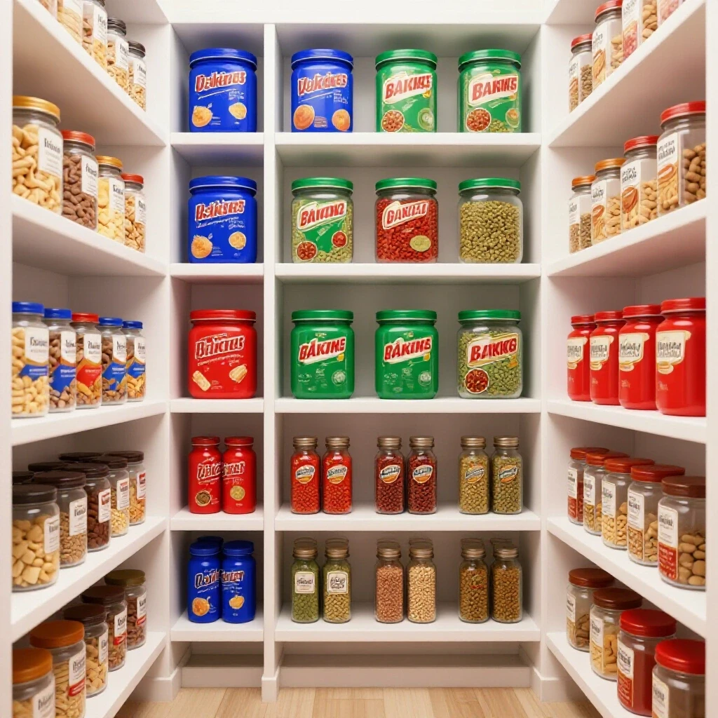 A vibrant and organized pantry showcasing distinct color zones for snacks, spices, and baking supplies against a bright background.
