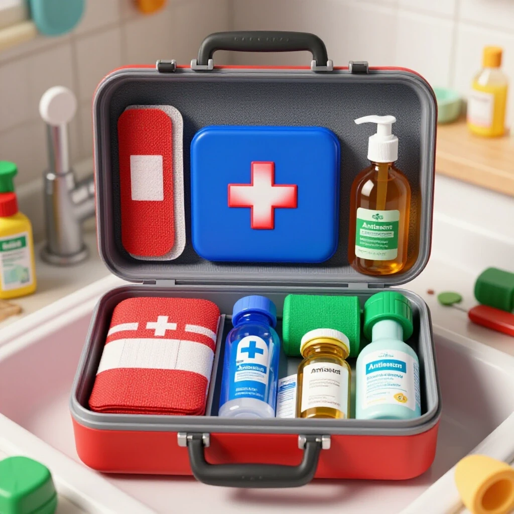A vibrant first aid kit with color-coded supplies opened against a chaotic kitchen backdrop, showcasing organization and calm.