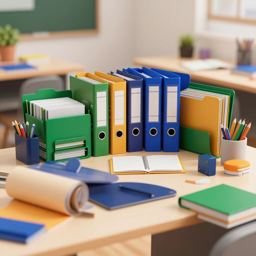 A vibrant, organized desk with colorful file folders and supplies highlights the contrast with a chaotic background.