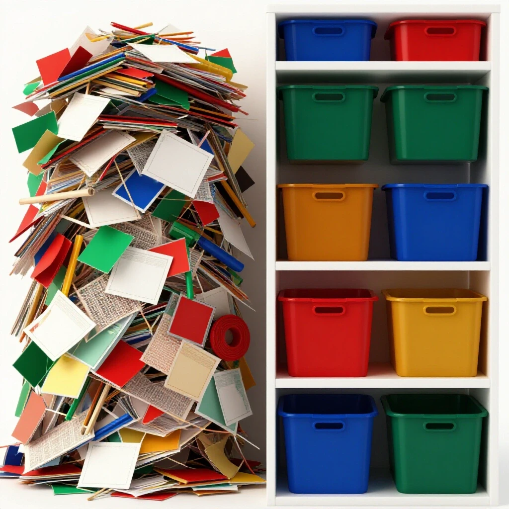 A side-by-side comparison of chaotic scrapbooking supplies and an organized storage solution, showcasing order versus chaos.