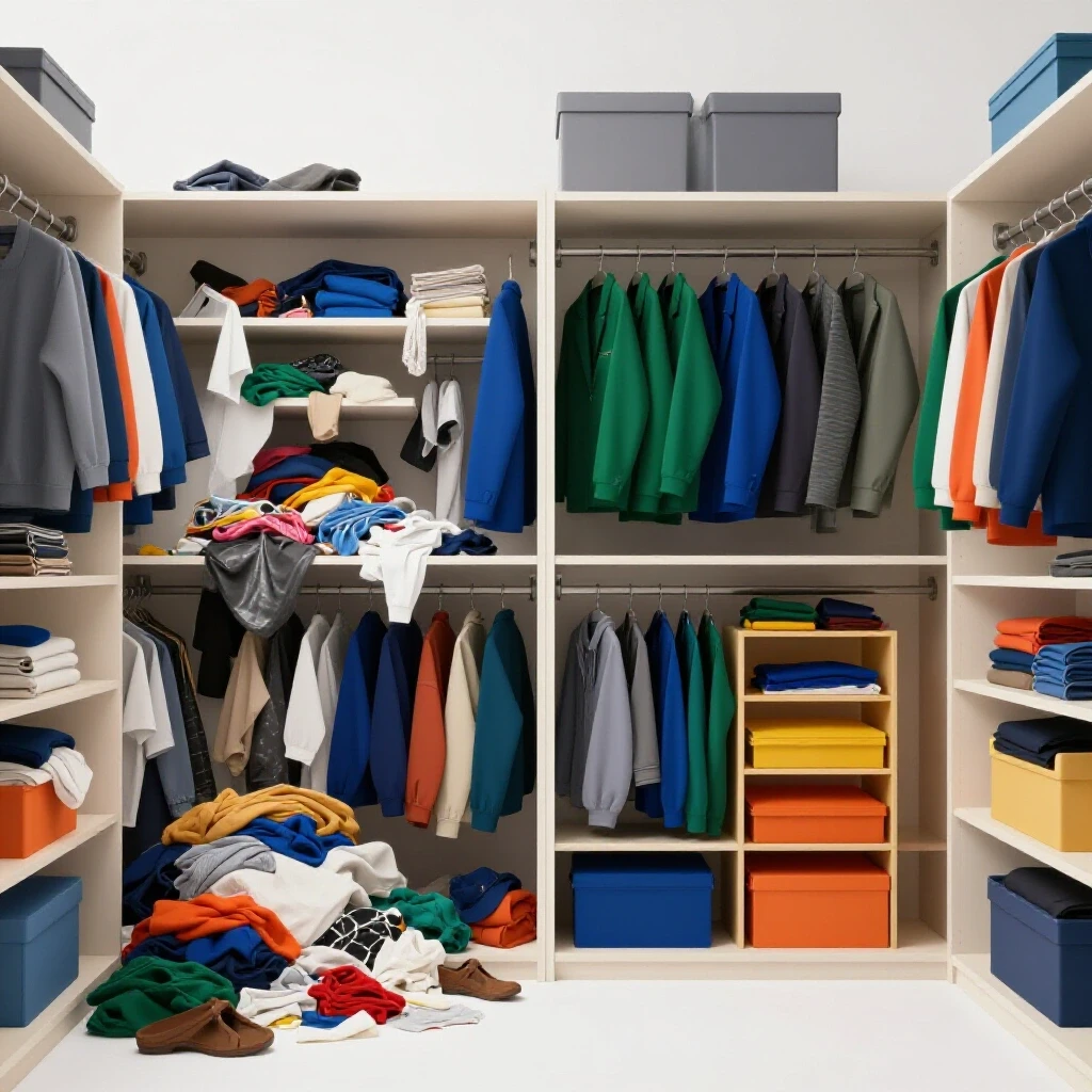 A split view showing a chaotic closet on the left and an organized closet on the right, illustrating effective storage solutions.