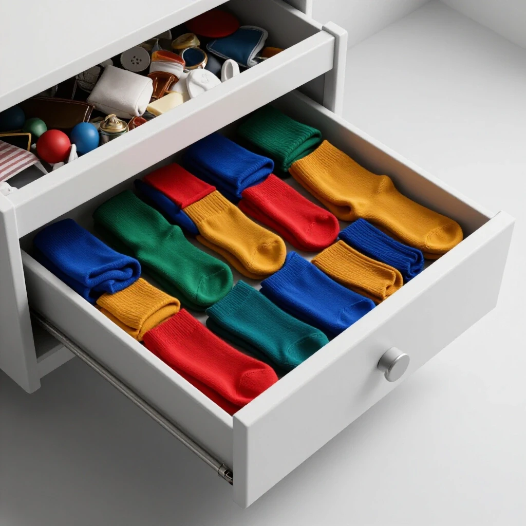 An organized drawer showcasing color-coordinated socks and underwear with a chaotic drawer in the background, illustrating effective storage solutions.