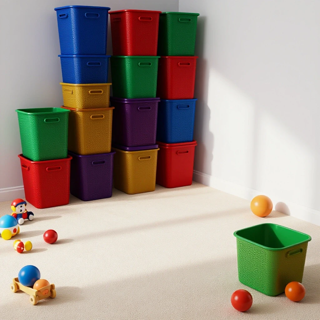 Colorful toy bins in an organized, playful room setting, creating a joyful storage solution for kids.
