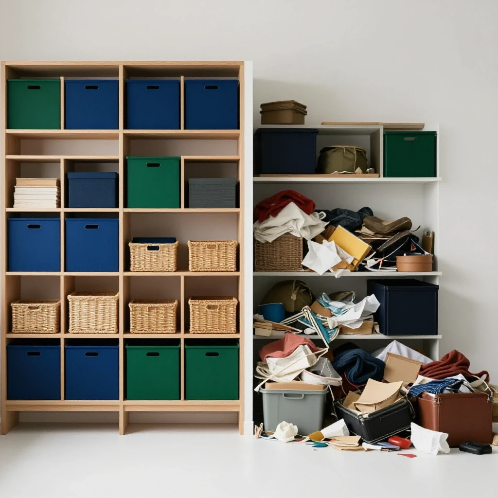 A split-screen image showcasing an organized space in vibrant colors contrasted with a cluttered storage area in muted tones.