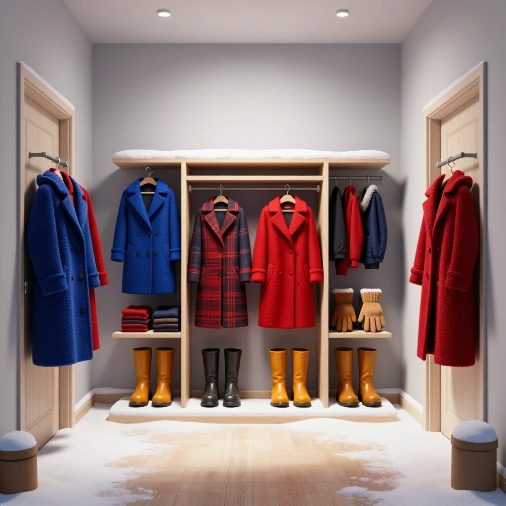 Cozy entryway showcasing organized colorful winter gear, including coats, boots, and gloves, with a snowy backdrop.