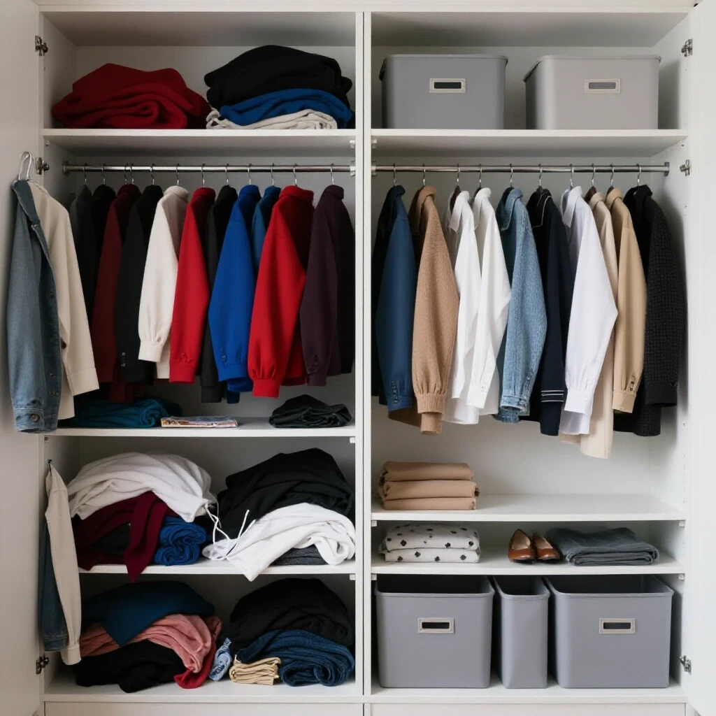 A visually striking comparison of a cluttered closet versus an organized closet, highlighting the transformation.