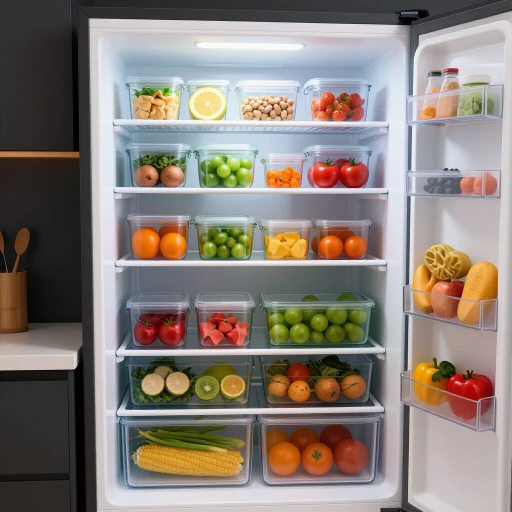 Brightly lit, organized freezer with colorful containers arranged by food type in a dark kitchen setting.