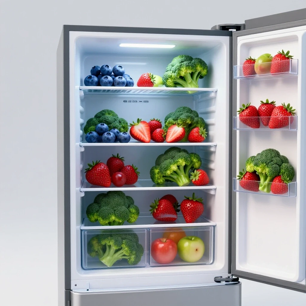 A vibrant and organized fridge filled with colorful fruits and vegetables, contrasting with a small section of spoiled food.