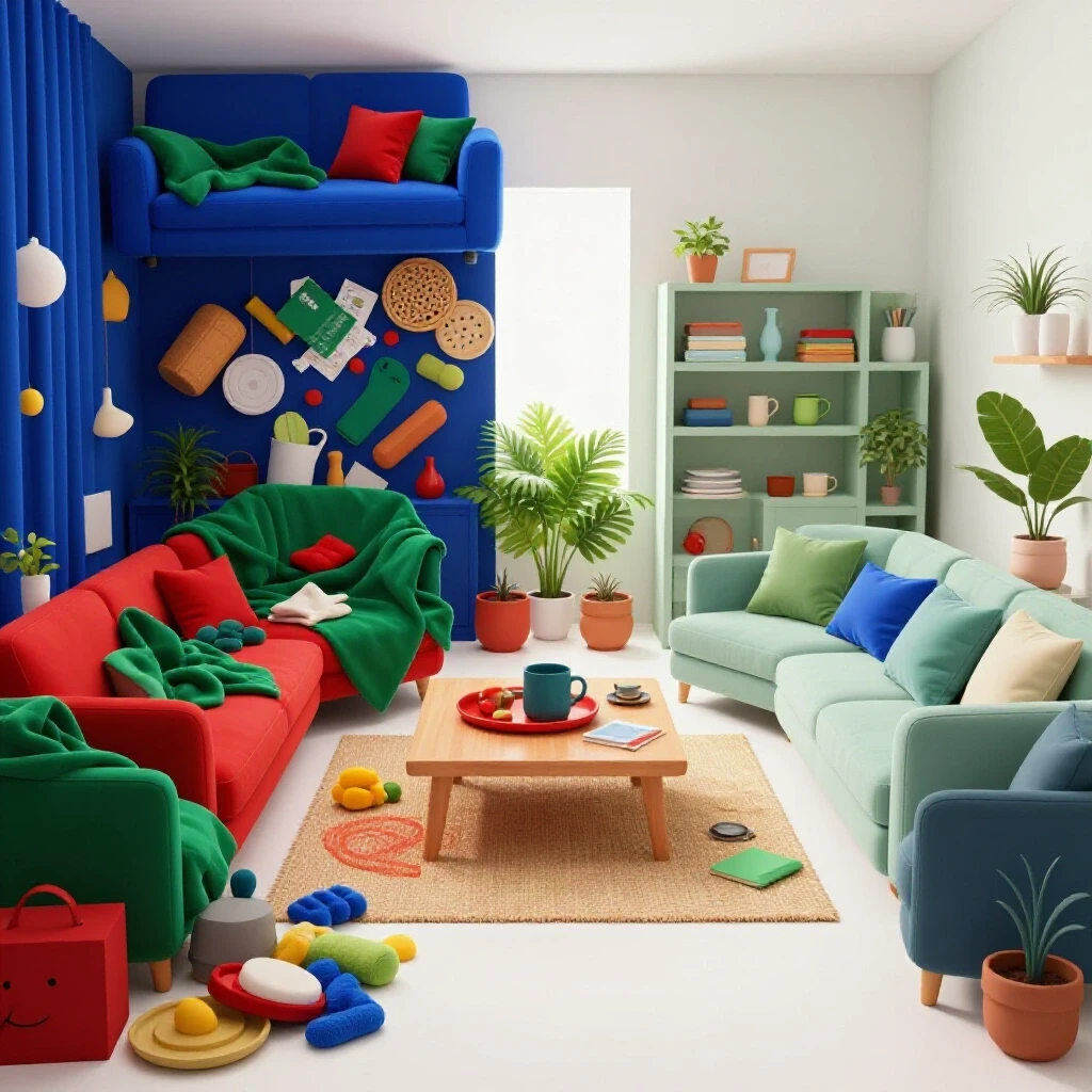 A vibrant living space divided between colorful chaos and a serene organized area, illustrating home organization.