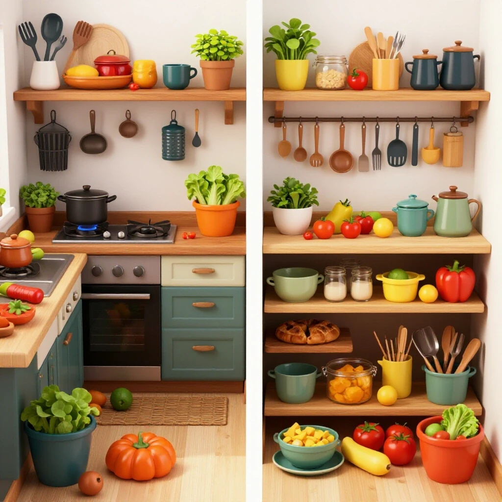 A vibrant kitchen split-screen image showing chaos on one side and organization on the other, highlighting meal prep essentials.