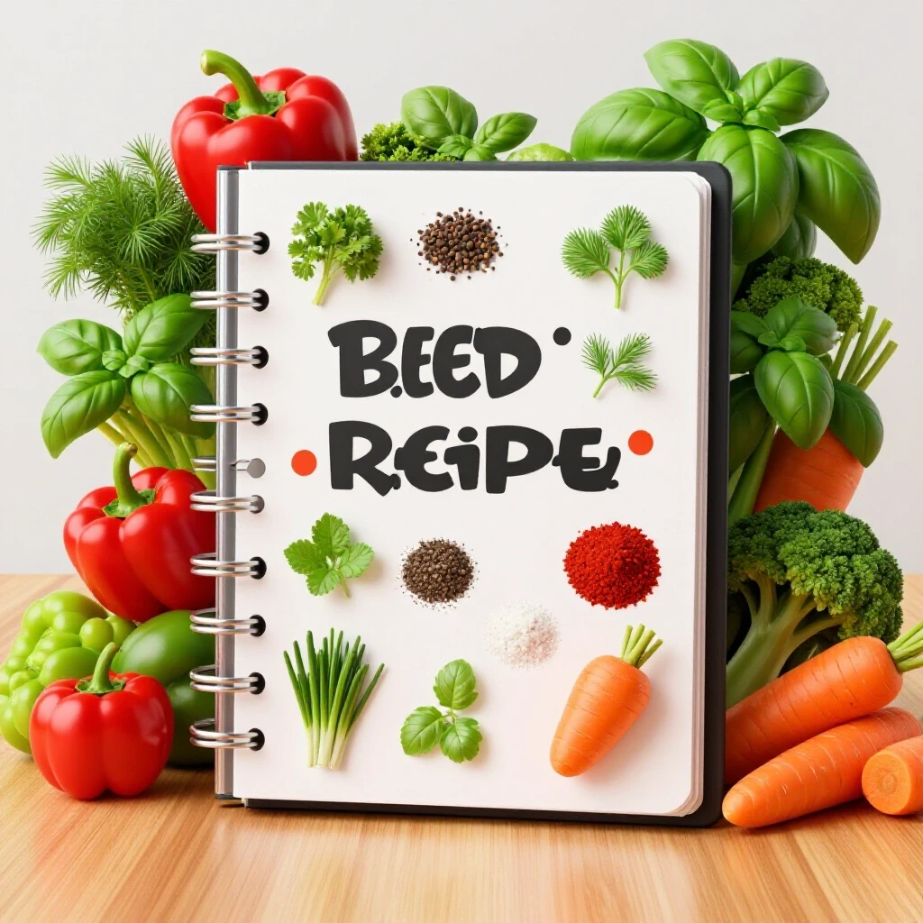 A beautifully organized recipe binder surrounded by fresh herbs, spices, and colorful vegetables, showcasing culinary inspiration.