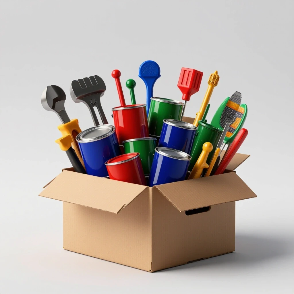 A neatly organized moving box filled with vibrant tools and paint cans in a clean studio setting.