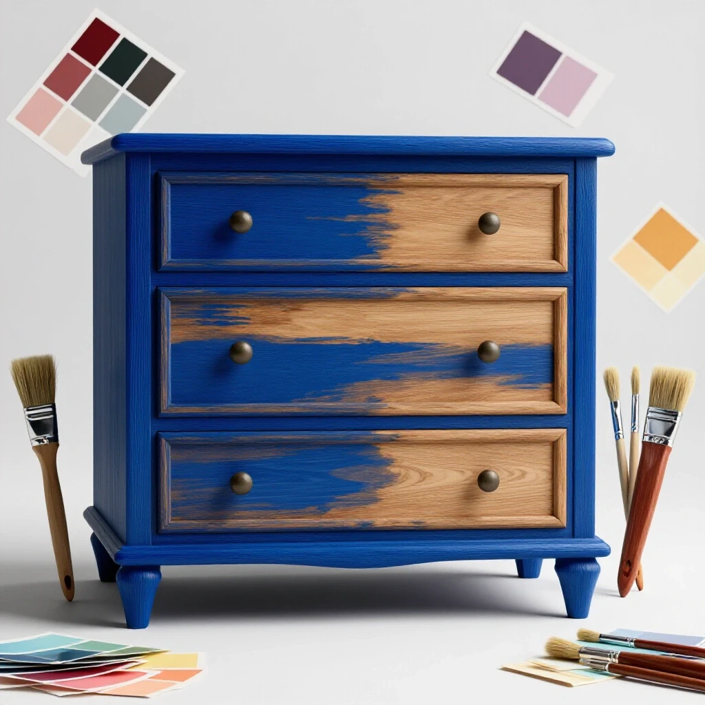 Half-painted dresser with vibrant blue and neutral wood finish, surrounded by paintbrushes and color swatches.