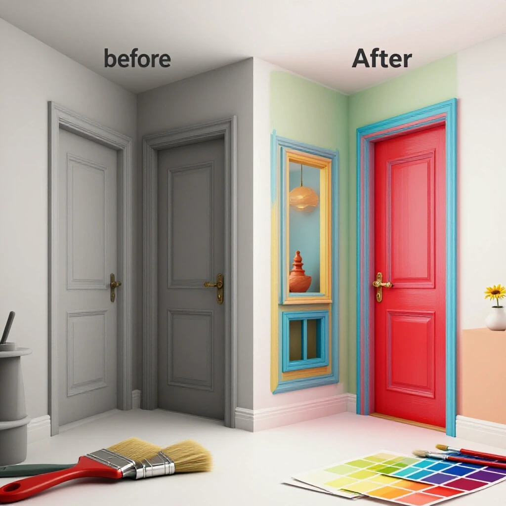 A vivid comparison of a dull foyer and a freshly painted vibrant entryway with paint tools in the foreground.