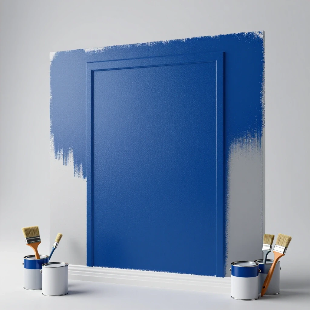 Vibrant entry wall painted in deep royal blue with unpainted section, featuring painting supplies in the foreground.