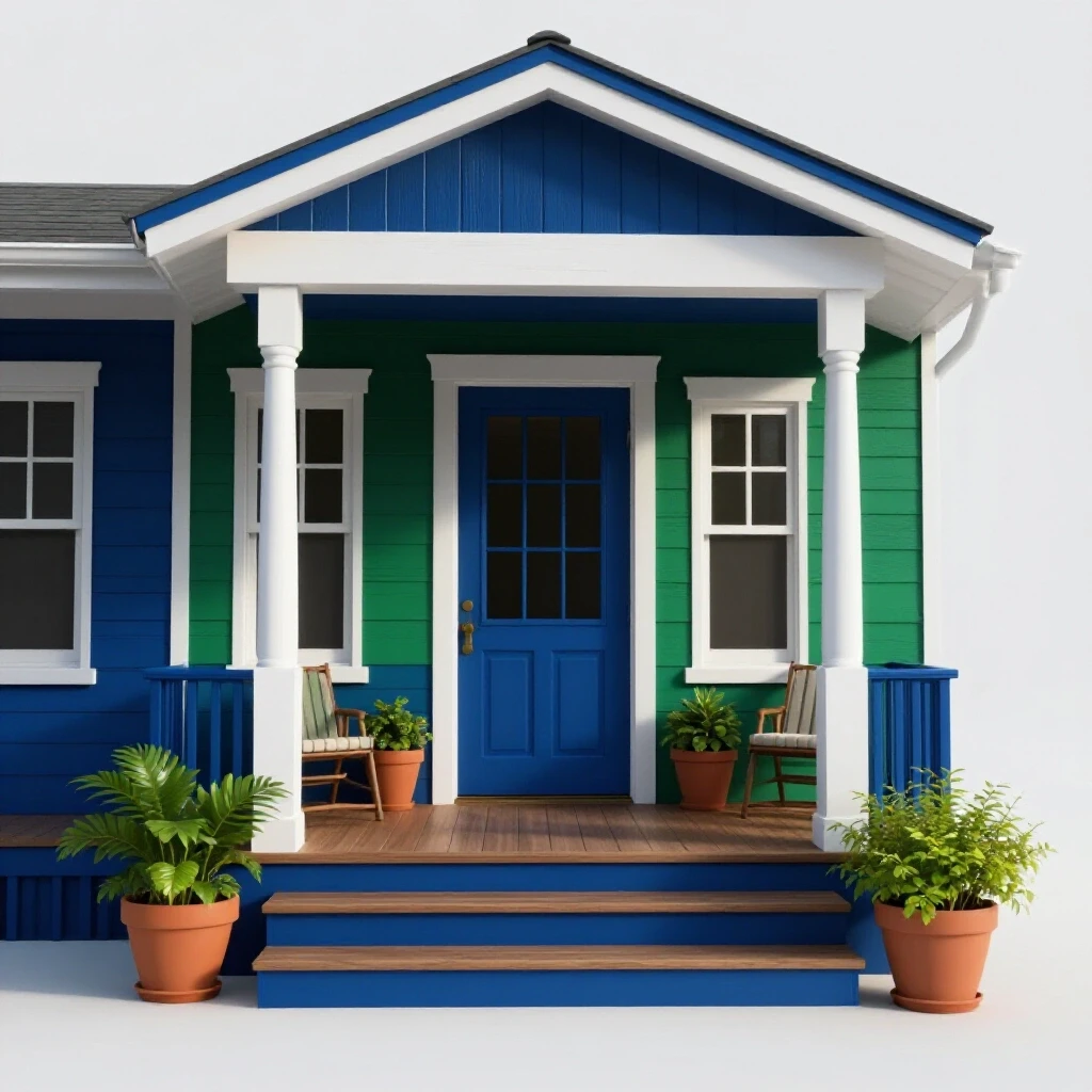 A freshly painted front porch with vibrant colors, potted plants, and cozy seating, showcasing a transformation effect.