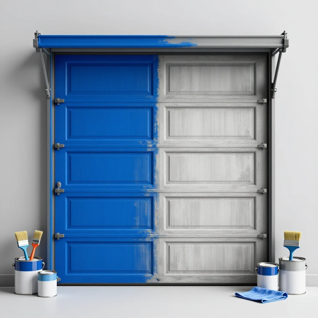 Half-painted garage door showing vibrant blue on one side and weathered wood on the other, surrounded by painting supplies.