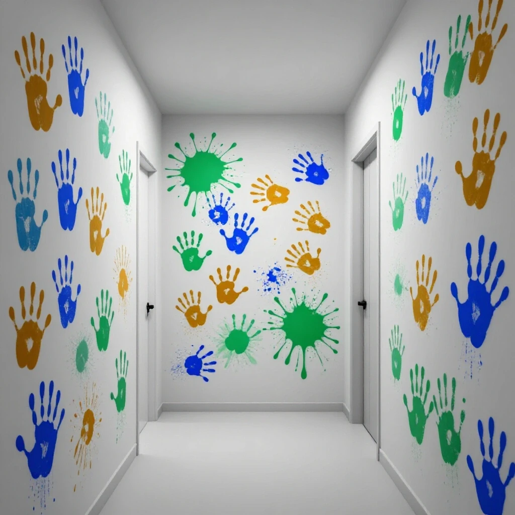 A brightly painted hallway with colorful handprints on the walls, creating a playful and cheerful atmosphere for kids.