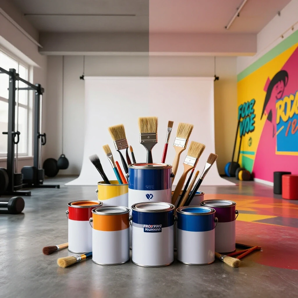 A split scene depicting a transformation of a home gym from dull to vibrant, showcasing colors and DIY painting tools.