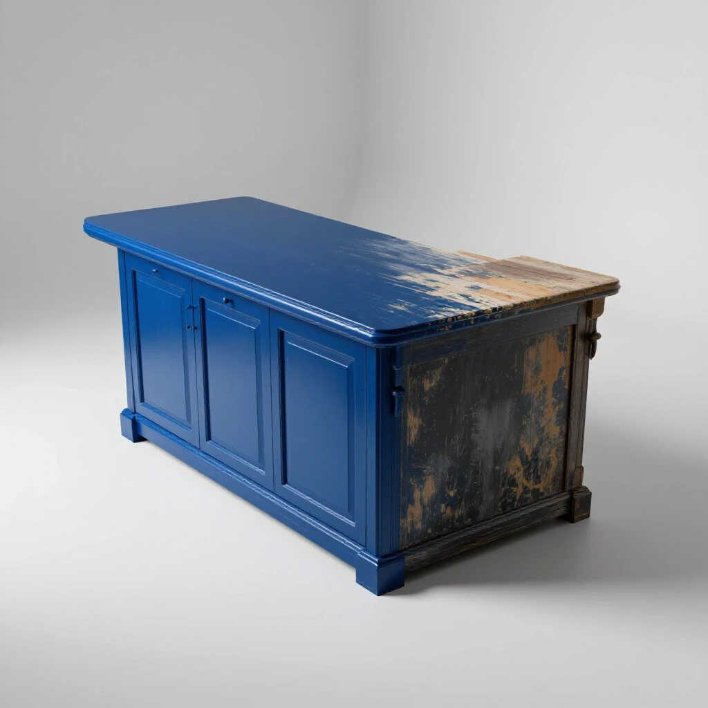 A visually striking kitchen island split view; one side freshly painted in deep royal blue, the other half worn showing test results.