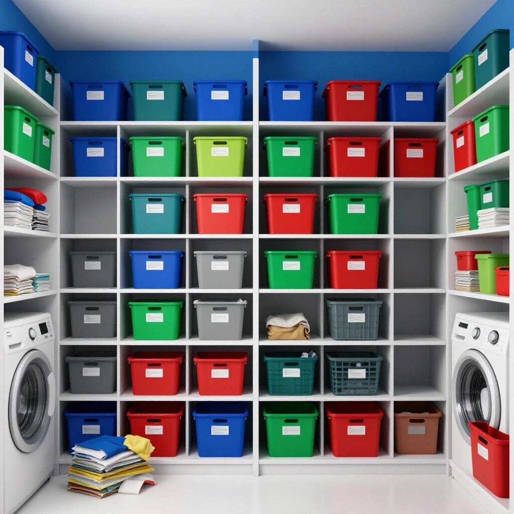 A vibrant transformation of a laundry closet showcasing organized shelves and colorful walls in a bright studio environment.