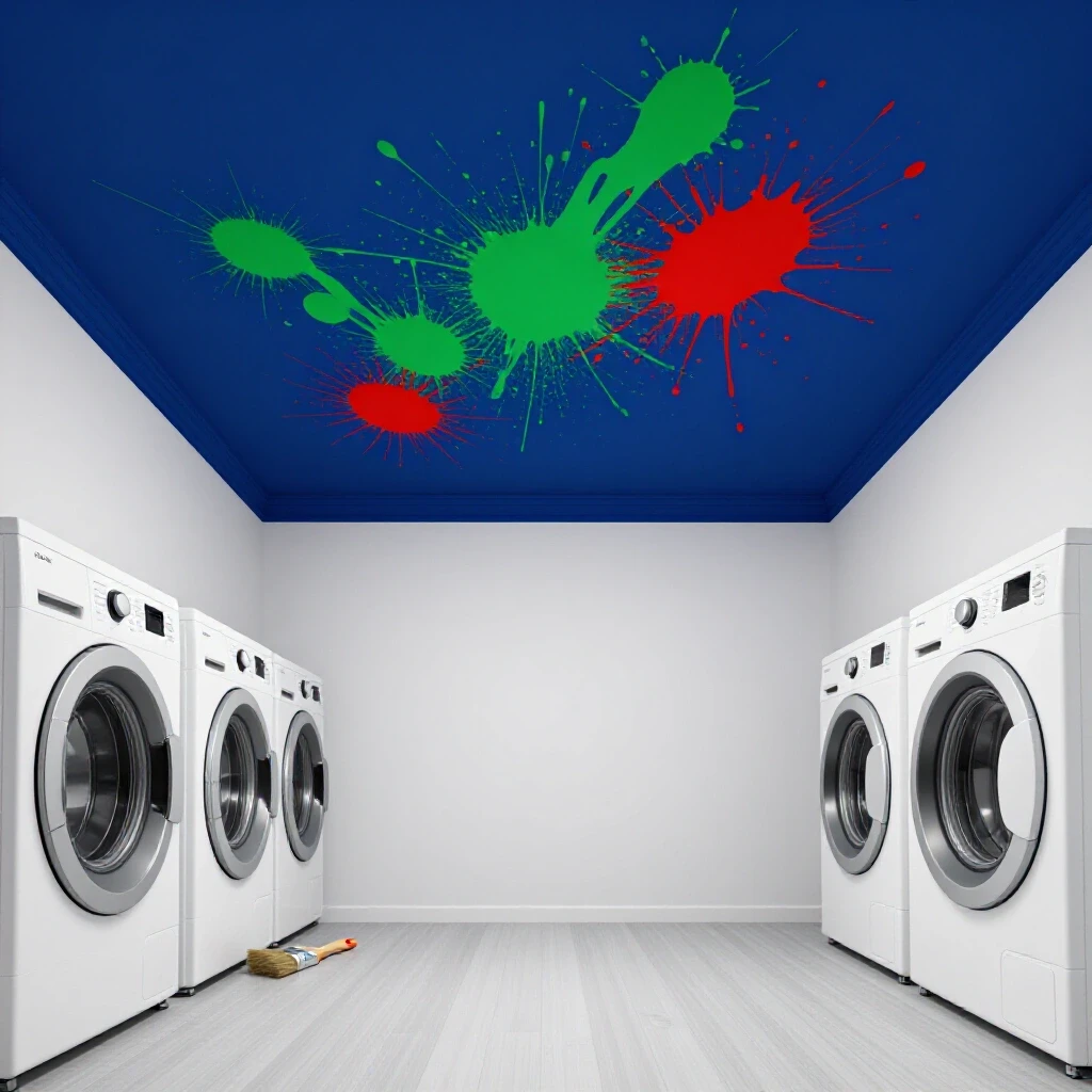 Vibrant laundry room ceiling painted in deep royal blue with paint splatters and a paintbrush nearby.