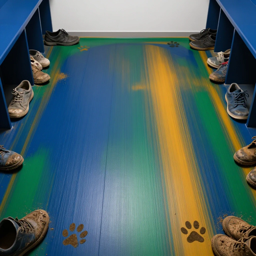 A vibrant, freshly painted mudroom floor surrounded by muddy shoes and pet paw prints, highlighting durability.
