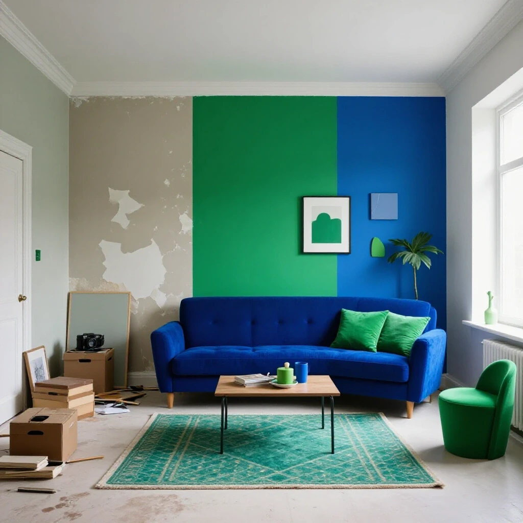 A split scene depicting a room transformation, from cluttered and dull to vibrant and stylish, illustrating DIY painting success.