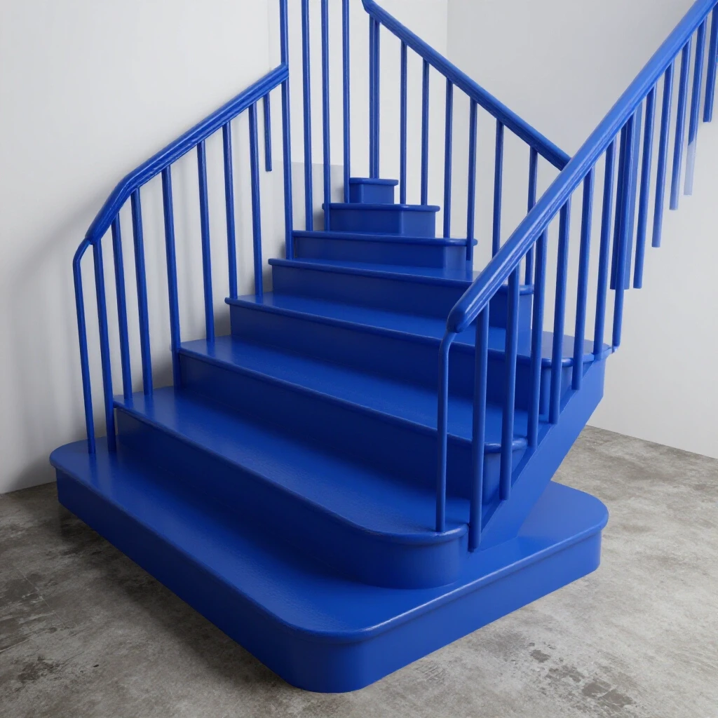 A vivid royal blue stair landing contrasts with a dull floor, illustrating the transformative power of paint.