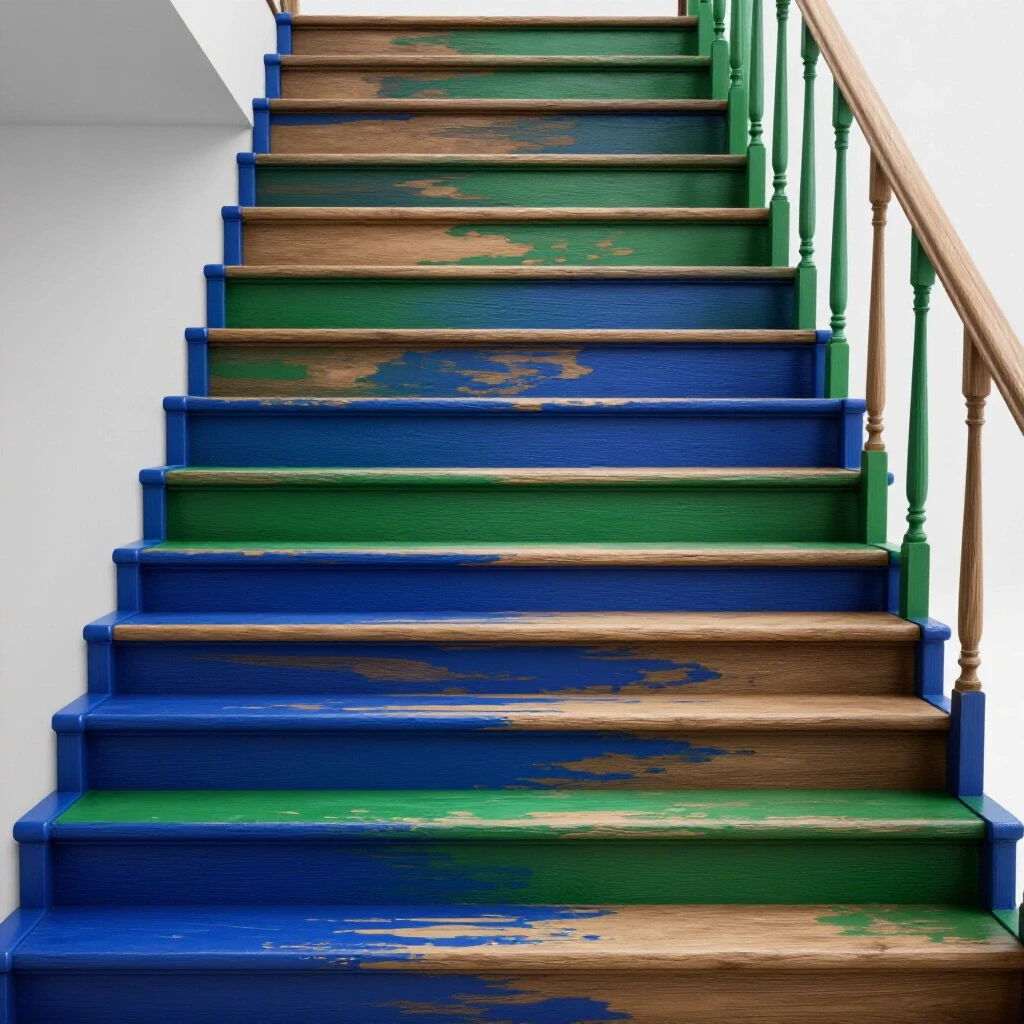 A staircase mid-transformation with half painted in bold colors and half showing faded wood, against a bright background.