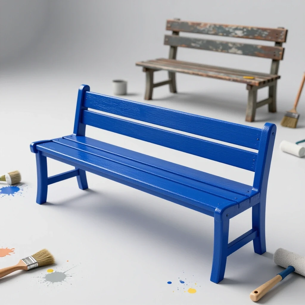 A bright, freshly painted blue entry bench in the foreground with a weathered bench blurred in the background, surrounded by paint tools.