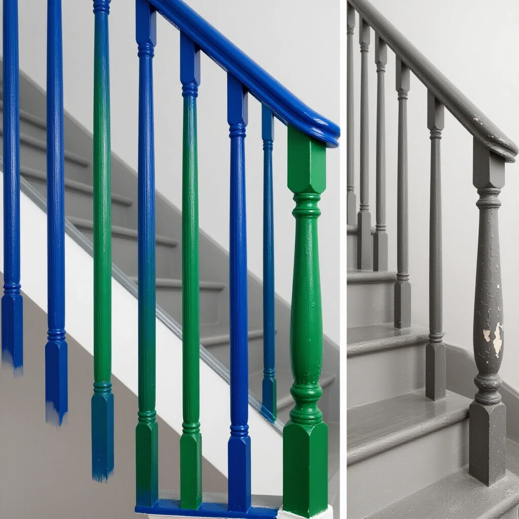 A split-image featuring a vibrant newly painted stair rail alongside a dull peeling rail, showcasing DIY transformation.