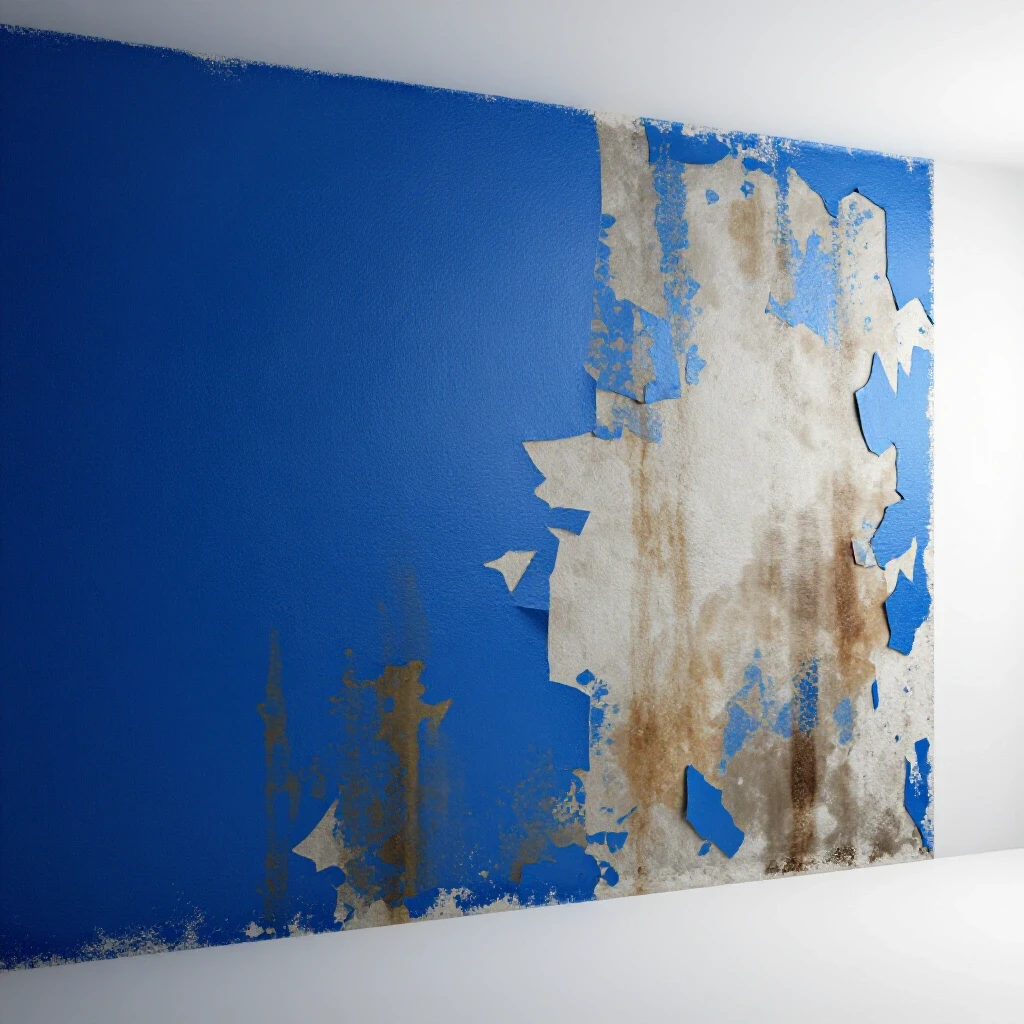 A partially painted basement wall, one side vibrant blue and the other peeling, illustrating moisture issues.
