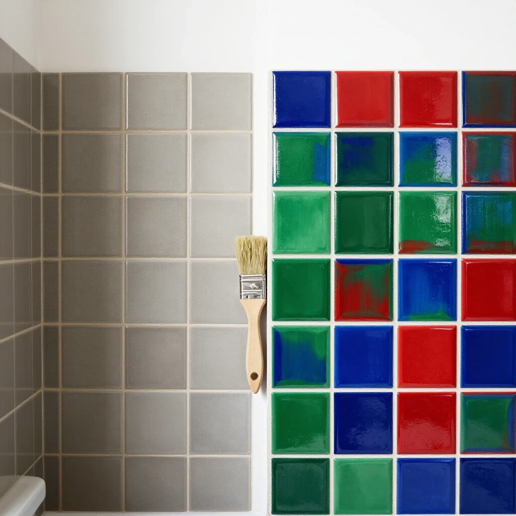 A split image showcasing dull bathroom tiles on the left and freshly painted vibrant tiles on the right, enhanced with a splash of color.