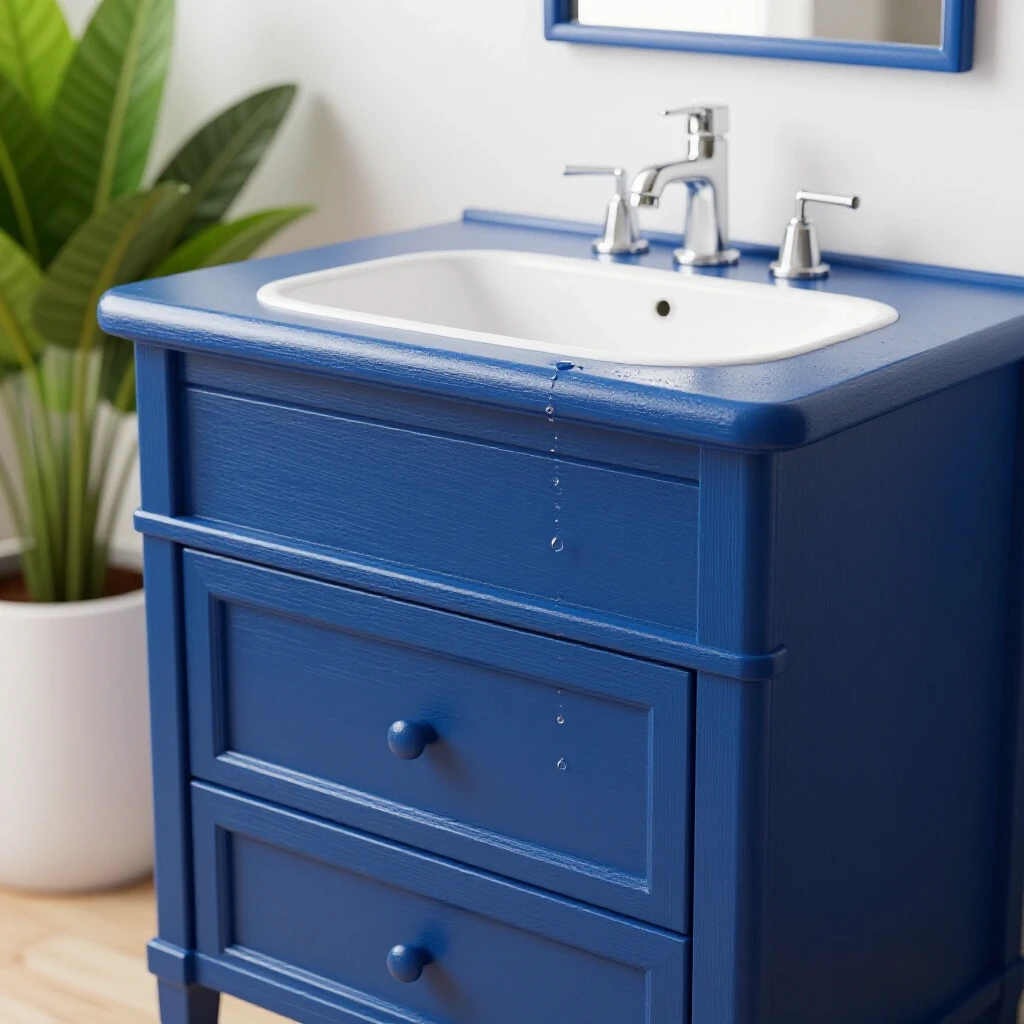 A vibrant royal blue bathroom vanity with a water droplet on its side, surrounded by lush greenery, highlighting durability.