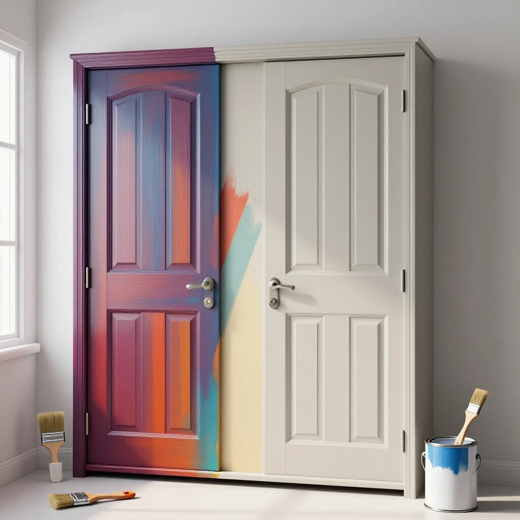 A striking closet door partly painted in vibrant colors, with a brush and paint can nearby, set in a bright studio environment.