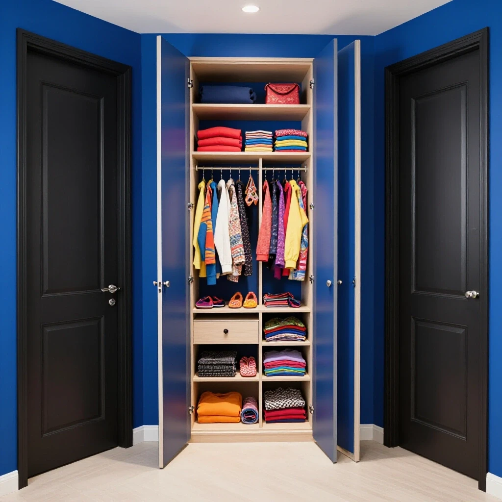 A brightly painted closet interior with colorful items organized inside, contrasting against dark exterior doors.
