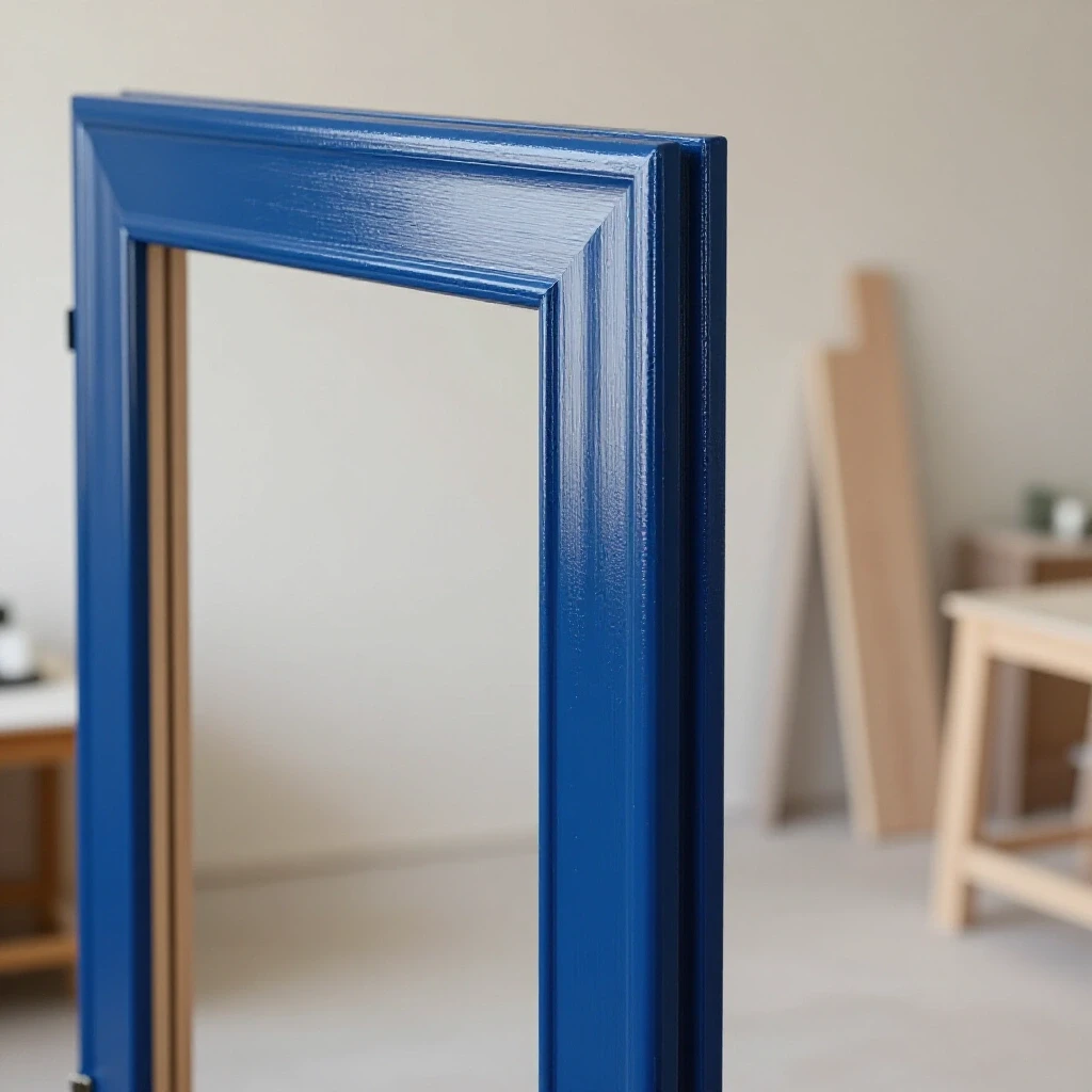 Close-up of a partially painted bedroom door frame showing glossy finish and raw wood texture side by side.