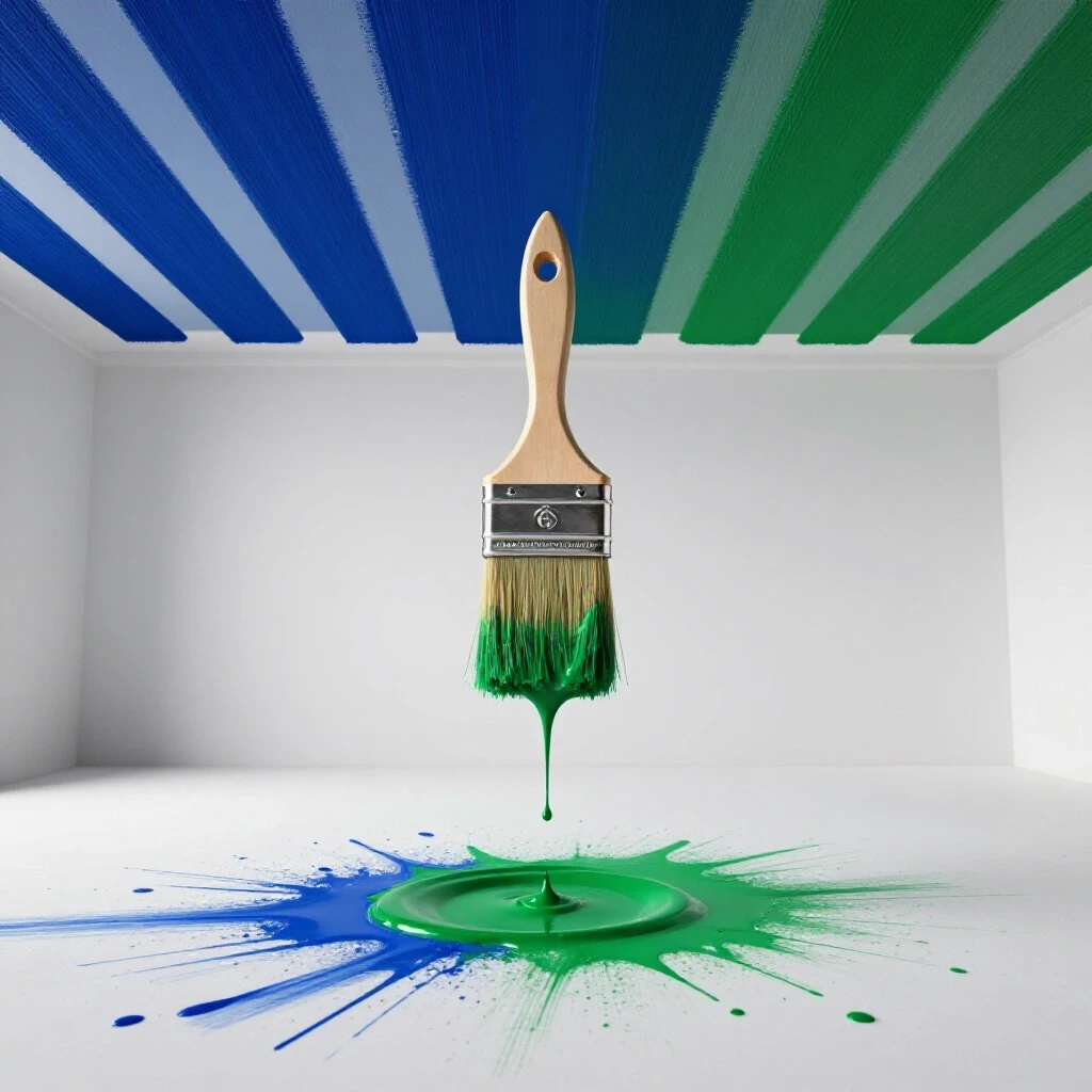 Vibrantly painted ceiling with a suspended paintbrush dripping paint, creating a contrast of messiness and cleanliness.