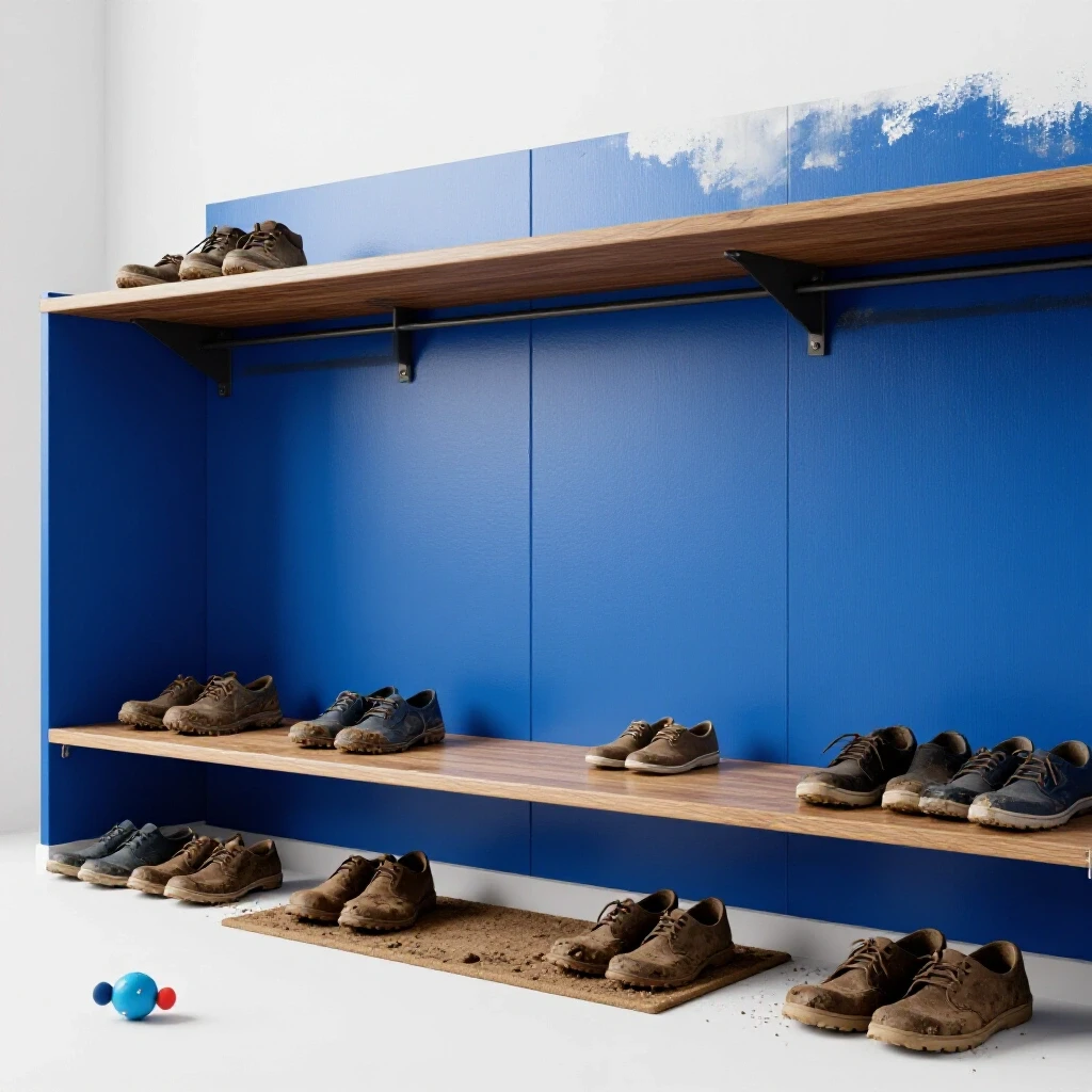 A vibrant mudroom with a freshly painted royal blue wall, showcasing wear against muddy shoes and playful decor.
