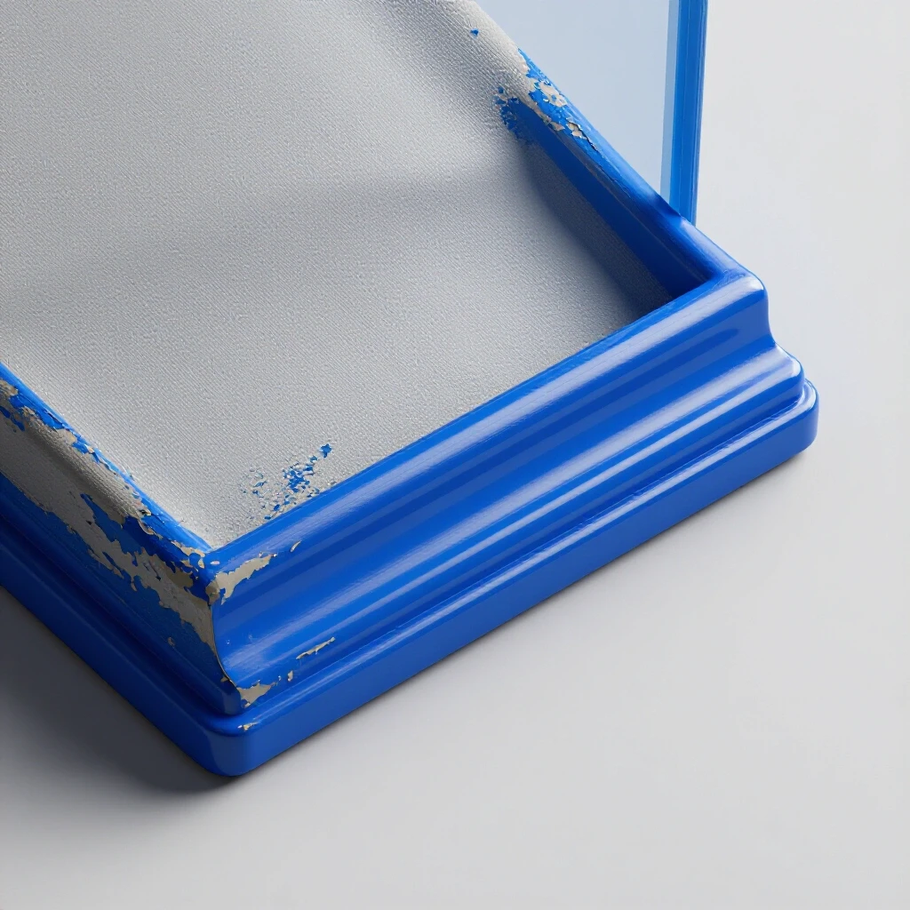 Close-up of exterior trim showing one side freshly painted in vibrant royal blue and the other side with weathered paint peeling.