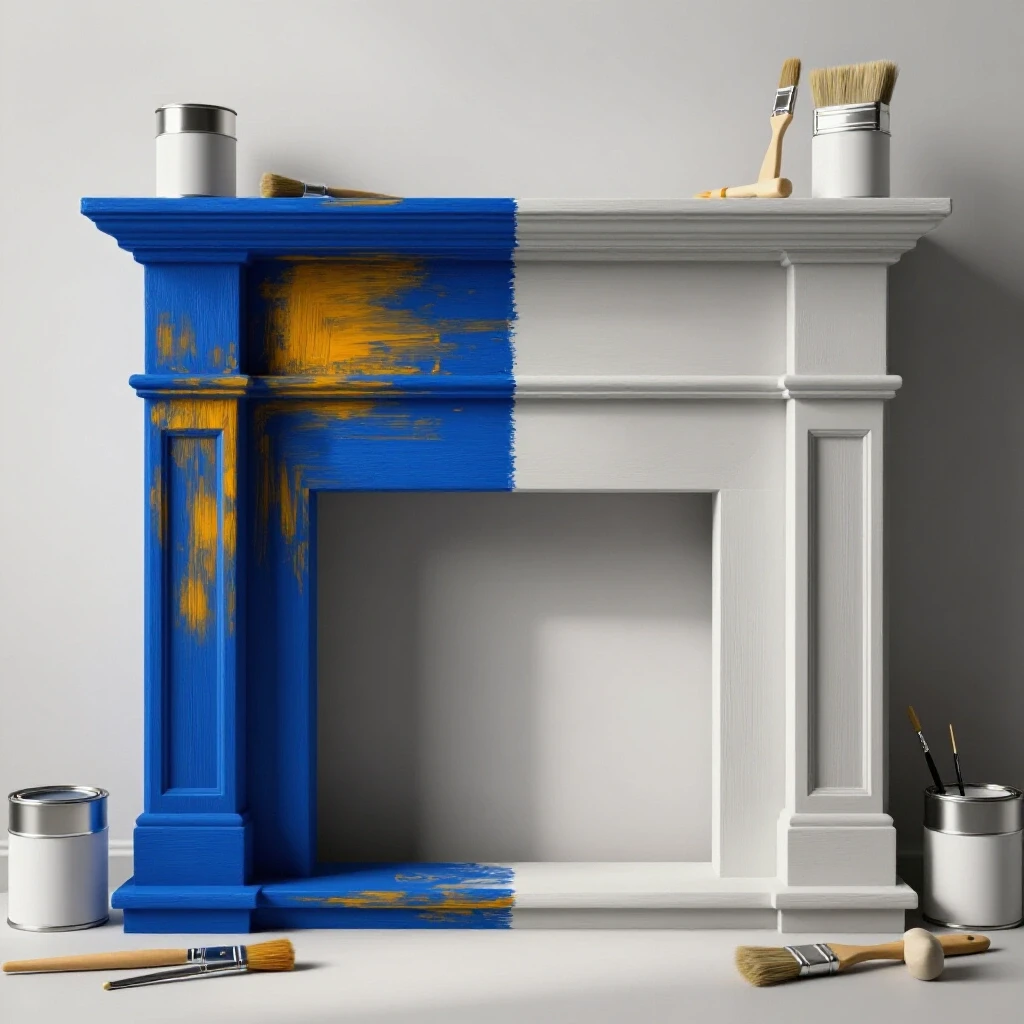 Half-painted fireplace mantel showing vibrant colors on one side and an unfinished look on the other with painting tools.